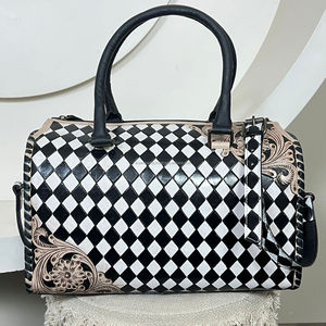 Sac de voyage Speedy en cuir de vache véritable, fait main, style western, noir et blanc à carreaux, grand sac à main pour les voyages et l'usage quotidien - Product Image 4