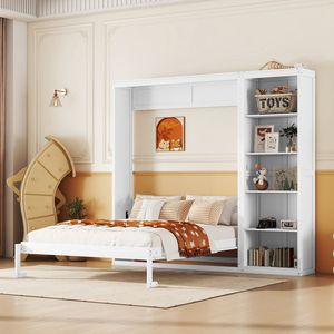 Lit Murphy blanc pleine taille avec étagères, design lit mural - Product Image 1