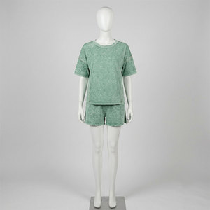Conjunto de 2 Piezas para Mujer, Shorts de Algodón Tejido, Color Verde Sólido, Cuello Alto, Corte Regular, Informal, Invierno, Ecológico, Secado Rápido, Uso Diario - Product Image 1