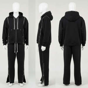 Conjunto de chándal de alta calidad personalizado, estilo streetwear, con lavado ácido, color liso, triple cremallera, sin estampado, con remaches, estilo hip hop, compuesto por sudadera con capucha y pantalones de chándal acampanados - Product Image 2