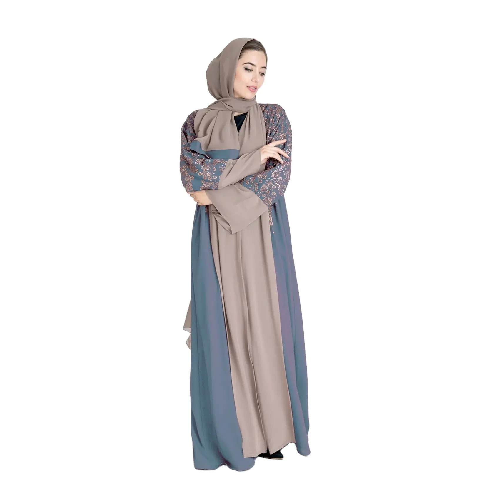 Two color combo emnbroidered Solid Color New Arrival Dubai Arabic Style Abaya Ladies Long Sleeve Muslim Dress Embroidery Women