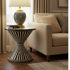 โต๊ะข้างเตียงทรงกลมลายก้างปลาสีดำทันสมัย ตกแต่งด้วยกระดูกฝังลายสวยงาม เป็นมิตรกับสิ่งแวดล้อม พร้อมลิ้นชัก 2 ช่อง เหมาะสำหรับห้องนอน - Product Image 5