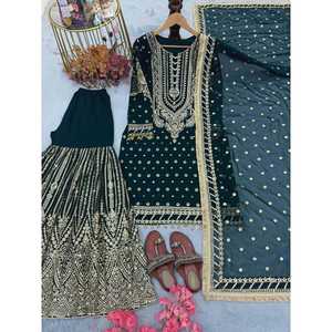 Ensemble haut en faux georgette lourd de créateur, pantalon palazzo et dupatta, robes de soirée avec un look de soirée - Product Image 1