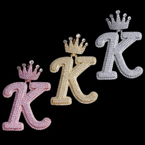 New Men's Crown <b>Letter</b> K Iced Out Rhodium Plated Silver Party Pendant Necklace - Product Image 5