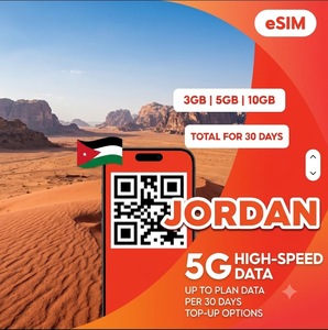 Tarjeta SIM digital Jordan de 3GB, 5GB, 10GB por 30 días, datos de viaje 4G/5G prepago con internet rápido y activación instantánea por código QR - Product Image 1