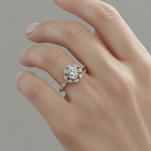 Anillo de compromiso certificado chapado en oro rosa con halo de diamantes marquise de punta compartida - Product Image 6