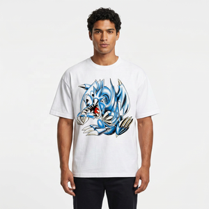 T-shirt blanc surdimensionné pour homme avec imprimé dragon bleu, manches courtes, col rond, coupe décontractée en jersey - Product Image 4