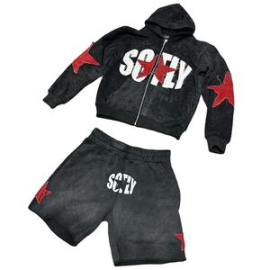Nouveaux ensembles de sweat à capuche logo personnalisé short décontracté pour hommes chapeau ajusté en coton côtelé ensemble court de survêtement 360gsm - Product Image 1