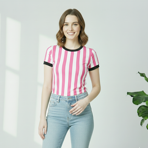 Chemise rose à rayures blanches pour femmes, produit tendance dans l'industrie du vêtement féminin, t-shirt en coton pour femmes, logo personnalisé - Product Image 1