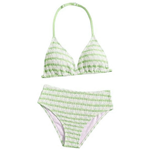 Conjunto de Bikini a Rayas para Mujer, Top Triangular con Cuello Halter, Braguita de Cintura Alta, Traje de Baño Elástico de Spandex y Poliéster - Product Image 2