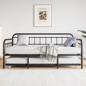 Struttura Letto a Giorno Matrimoniale in Metallo Rinforzato con Letto Estraibile, Supporto a Doghe in Acciaio, Piattaforma Divano Letto con Testiera, Nessun Box Spring Necessario - Product Image 1