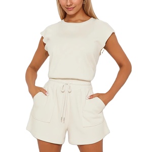 Ensemble 2 pièces pour femmes, vêtements de détente, t-shirts et shorts de cycliste 100% coton, ensemble confortable et ample en deux pièces, vêtements de détente pour femmes - Product Image 2