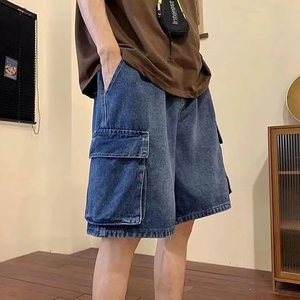 Shorts cargo en denim délavé pour homme, taille mi-haute, fermeture élastique, style décontracté avec poches, tissu en toile 100% coton - Product Image 5