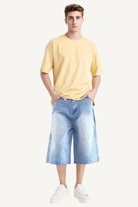 Shorts Bermuda en jean pour homme, couleur unie, délavé, taille mi-haute, élastique, décontracté, été, en coton, beige - Product Image 3