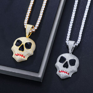 Gold Plated Skull Pendant With Zircon Stones Hiphop Jewelry For Men Alloy Chain Necklace Themed <b>Charm</b> Gift - Product Image 3