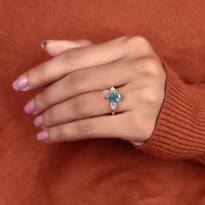 2.40 TW Blue Color Pear Diamond Lab Grown Diamond Three <b>Stone</b> Engagement <b>Ring</b> 14K Yellow Gold Anniversary Wedding Jewelry - Product Image 2