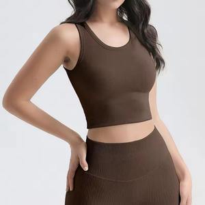 Haut court de sport pour femme grande taille, personnalisé, en gros, en spandex à compression, avec ourlet élastique ajusté, sans manches, col rond, pour la gym et le yoga, effet délavé - Product Image 2