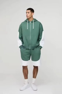Men's Color Blocking Hooded Zip-Up <b>Tracksuit</b> Set Green <b>White</b> Casual Loose Fit Full Sleeve Shorts Breathable Autumn Wear - Product Image 5