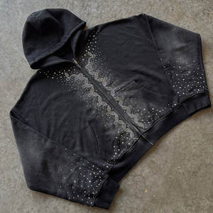Factory OEM Acid Washed Heavyweight Cotton <b>Hoodie</b> <b>Mens</b> Vintage Boxy Fit Zip-Up Sunfaded Rhinestone <b>Hoodie</b> - Product Image 2
