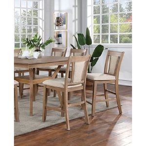 Set di 2 Sedie da Pranzo in Legno Massello Stile Transizionale, Altezza Bancone, Tono Naturale Beige con Seduta Imbottita in Similpelle, per Cucina - Product Image 5