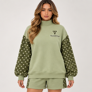 Women's Light Olive Polka Sleeve Mock Neck 2-Piece <b>Shorts</b> <b>Set</b> Custom Casual Sportswear - Product Image 1