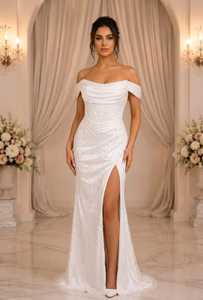 Robe de mariée vintage élégante à perles, coupe trapèze, décolleté sans bretelles, longueur ras du sol, en tulle, taille naturelle, broderie de cristaux, satin - Product Image 4