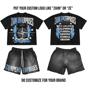 280 GSM Heavyweight Cotton French Terry Acid Wash T Shirt Shorts <b>Set</b> Black Custom Logo Premium Streetwear - Product Image 1