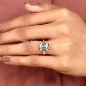 HIPHOP SPARKLE ER29 925 Sterling <b>Silver</b> <b>Emerald</b>-Cut Moissanite Prong-Set Solitaire Engagement <b>Ring</b> Rhodium/18K Gold Plating for - Product Image 5