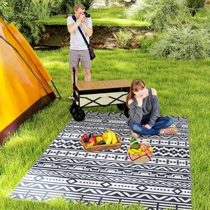 Tappeto da Esterno Reversibile 6FT X 9FT Blu e Bianco con Motivi Geometrici, Impermeabile in Plastica Intrecciata con Borsa per il Trasporto - Product Image 2
