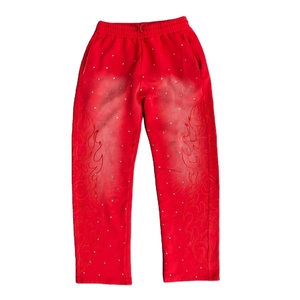 Best Quality Men Straight Mid Acid Wash Rhinestone Design Cotton Fleece Custom Logo Casual Trousers Comfortable Wear OEM - Product Image 1