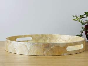 Plateau de service rond en osier naturel, durable, classique, pliable, fait main, décoratif, avec poignées, pour le salon - Product Image 3