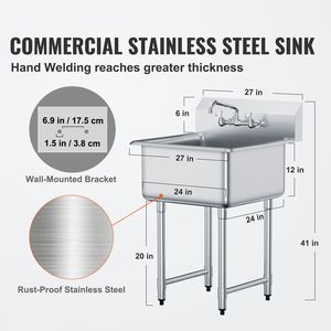 Lavello Commerciale Monoblocco a 1 Scomparto, Autoportante, per Preparazione Cucina, 27"x41", in Acciaio Inossidabile con Rubinetto e Gambe, Singola Fonte - Product Image 4
