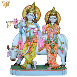Marble Radha Krishna with Cow Statue | Radha Krishna Marble Murti | Hand Painted White Marble Krishna Radha Idol | MALIYAS Jaipu - Product Image 2