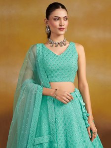 Mint <b>Green</b> Embroidered Lehenga Set Sleeveless Blouse <b>Net</b> Dupatta Banarasi Style Formal Wear - Product Image 6