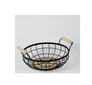 Rustic Black Wire <b>Kitchen</b> Storage Basket | Portable Mesh Egg Holder with Wood Handle Decorative <b>Pantry</b> Bread & Fruit Organizer - Product Image 1