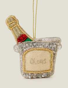 Champagne Bottle In Ice Bucket Ornament Beaded Textile Handcrafted Christmas Decoration Luxury Style - Product Image 1