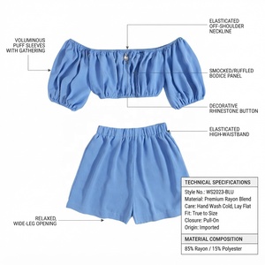 Women's Blue <b>Off</b> <b>Shoulder</b> 2 Piece Shorts Set Oxford Cotton Casual Spring Summer Regular Fit Solid Color <b>Ruffles</b> <b>Top</b> With Shorts - Product Image 5