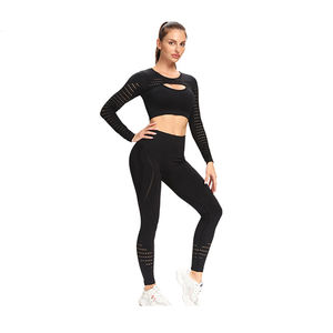Ensemble de vêtements de sport pour femmes avec logo personnalisé - Pantalon taille haute et haut de yoga sans couture grande taille pour la gym, le fitness, décontracté, respirant, uni - Product Image 5