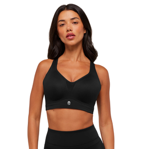 Sujetador deportivo de alto soporte con logo personalizado para mujer, cuello en V, nailon, elastano, paneles de malla, top acolchado para yoga, gimnasio, fitness, atlético, negro - Product Image 1