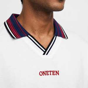 Oneten <b>Men's</b> <b>White</b> <b>Long</b> <b>Sleeve</b> Striped for Shirt Navy Ribbed Collar Front Heat-Transfer Printed Logo Casual Sporty <b>Top</b> - Product Image 5