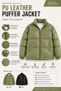 Unisex PU Puffer Jacket Solid Color Stand Collar Zipper Closure Windproof <b>Winter</b> Casual Loose Fit Regular Length <b>Thick</b> <b>Coat</b> - Product Image 4