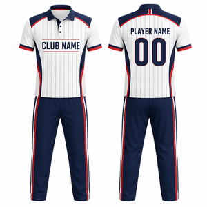 Uniforme de Cricket Personalizado con Sublimación, Unisex, Poliéster, Conjunto Deportivo Transpirable en Blanco, Azul Marino y Rojo, Talla Adulto, Sin Costuras - Product Image 1