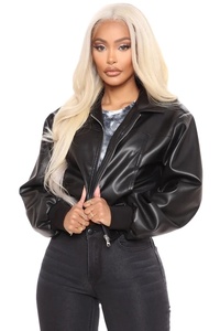 Women's <b>Cropped</b> Sheep Skin PU Eco-Friendly Waterproof Biker <b>Jacket</b> Zipper Closure Stand Collar Full Sleeve Moto Style Autumn - Product Image 5