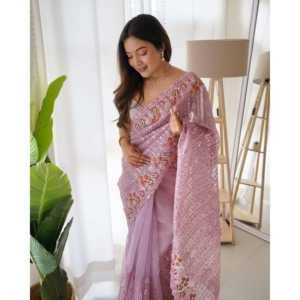 Sari Rosa Sin Coser con Bordado Multihilo y Secuencial de RV Creation para Fiestas de Trabajo y Eventos Formales - Product Image 5