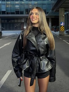 Oversized <b>Burgundy</b> Faux Leather Moto Jacket <b>Belted</b> Waist Zipper Closure Unisex Winter Style Windproof Rhinestone OEM Service - Product Image 5