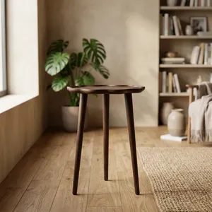 Modern <b>Round</b> Mango Wood Side <b>Table</b> Midcentury Design Handmade Living Room Furniture Dark Finish Three-Leg Base - Product Image 4