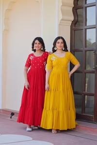 Exclusive Indian Wedding and Festival Wear Anarkali Fancy Faux Blooming Material Gowns with <b>Beads</b> Embroidery Work Dress - Product Image 4