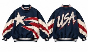 Custom American Flag Distress Applique Tracksuit Fleece Streetwear Full Sleeve Loose Fit Crew Neck Winter Wear With Side Pockets - Product Image 2