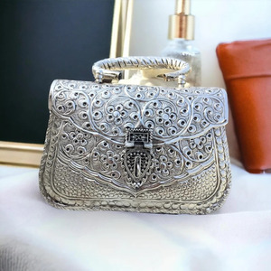 <b>Gold</b> Plated Brass Metal <b>Clutch</b> Bag Featuring Ornate Embossed Floral Pattern With Handle for Women Party At Wholesale Price - Product Image 3