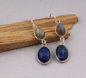 Natural Lapis Lazuli and Labradorite <b>Earrings</b> 925 <b>Sterling</b> <b>Silver</b> Jewelry Mixed Gemstone <b>Dangle</b> <b>Earrings</b> Royal Blue & Blue Flash - Product Image 4